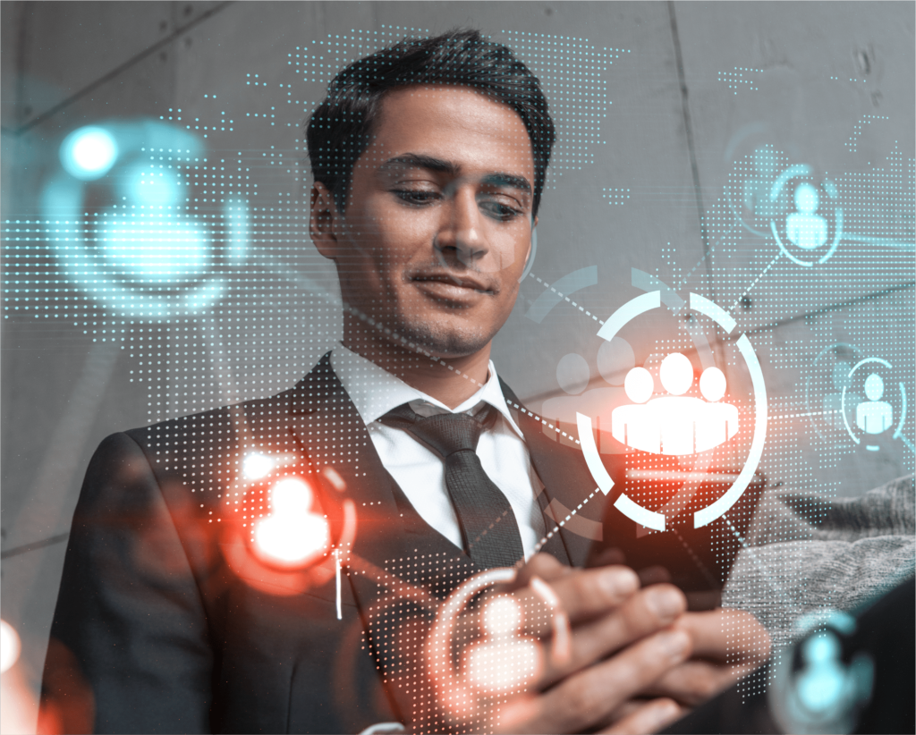 Zoho CRM - Man interacting with global network